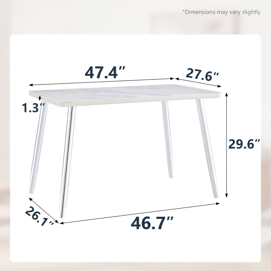 Hommoo Modern Rectangular Dining Table for 4-6 People, Tempered Glass & MDF Top with Imitation Marble Finish, Silver Tapered Metal Legs, Minimalist Design for Small Spaces, White & Sliver