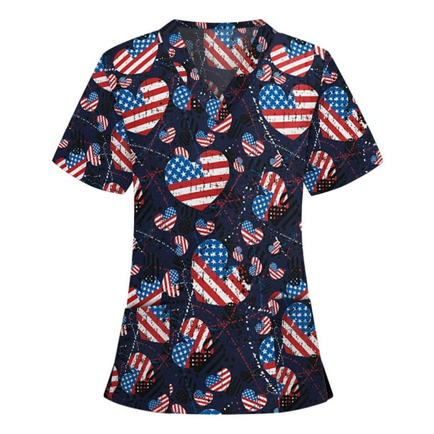 Blusa Pntutb para mujer, uniforme de mujer, ropa de trabajo, estampado, cuello en V, manga corta, tops con bolsillo Pntutb Pntutb-5793