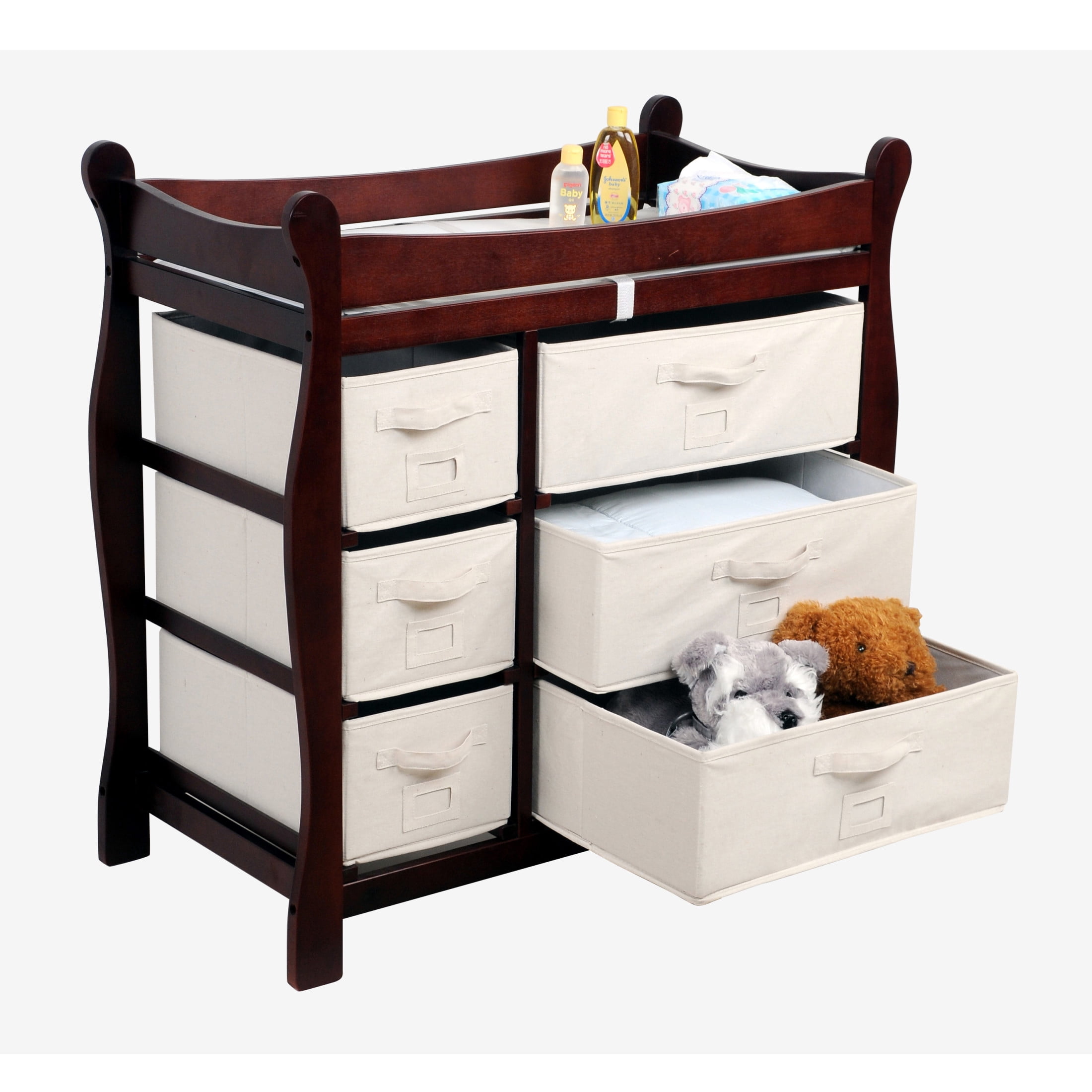 Badger Basket Sleigh Style Baby Wood Changing Table with 6 Baskets