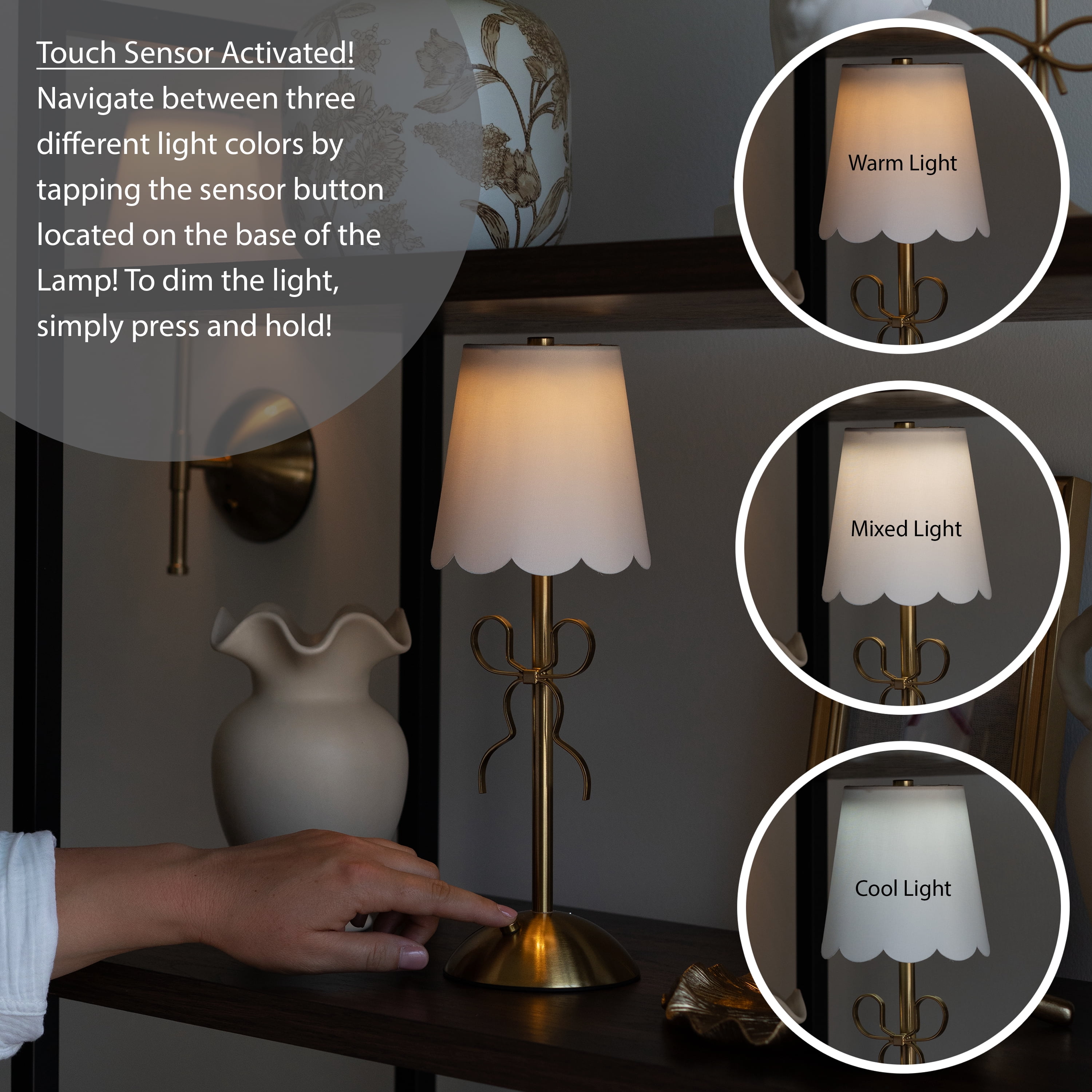 Home Decor Collection Sterling & Noble Home  Tabletop LED Touch Lamp with Scalloped White Fabric Shade and Gold Metal Bow Accent