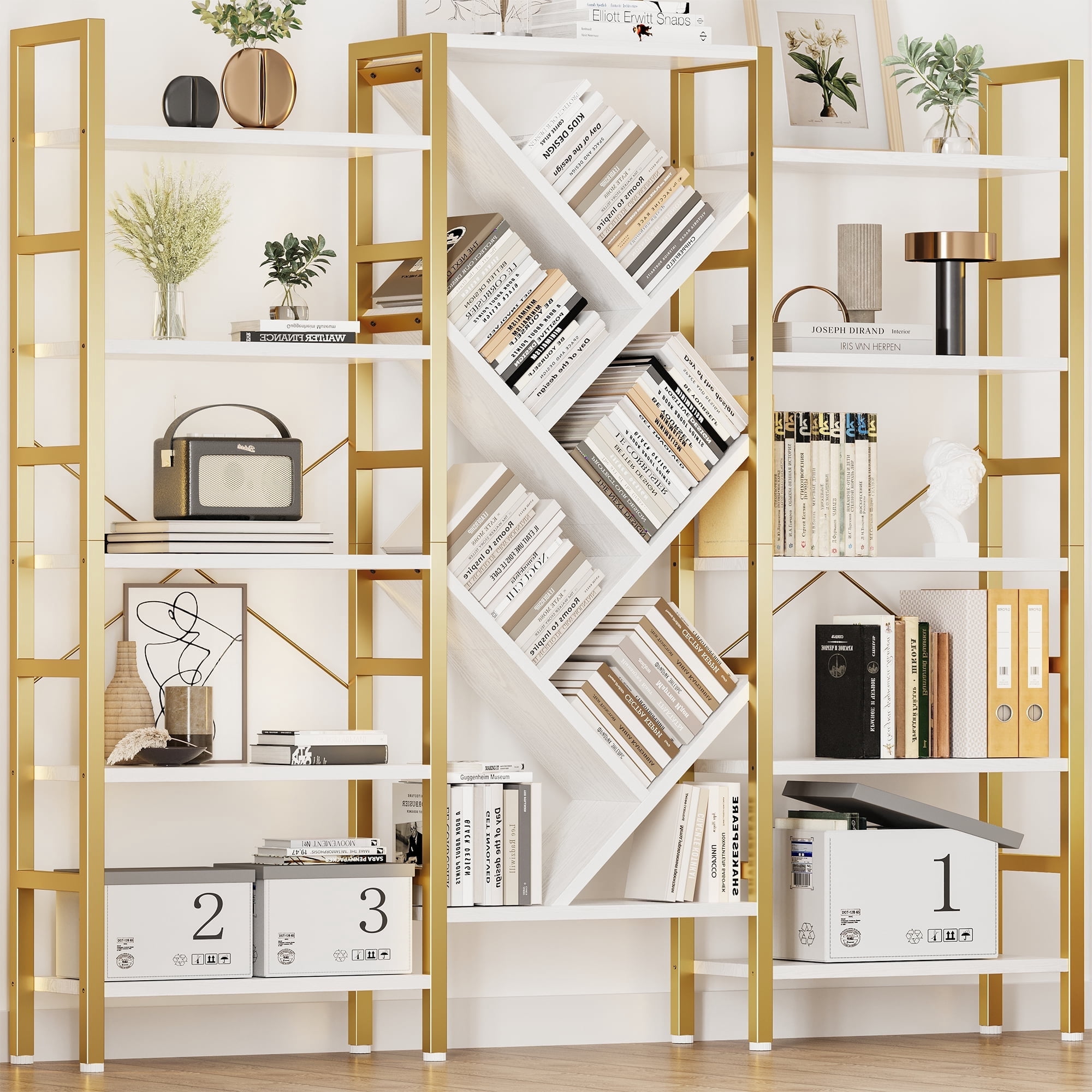 Triple 5 Tier Bookshelf, Large Wooden Bookcase with 17 Open Display Shelves, Modern Tree Book Shelf Metal Frame Tall Bookshelves Furniture for Living Room Bedroom Home Office Rustic Brown