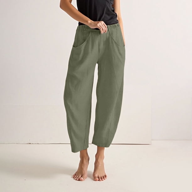 WILLBEST Pantalones Casuales de Verano para Mujer, de Lino, Holgados, de Pierna Ancha, Cómodos, con Cintura Elástica y Bolsillos Funcionales, Ideales para Uso Diario. Chica