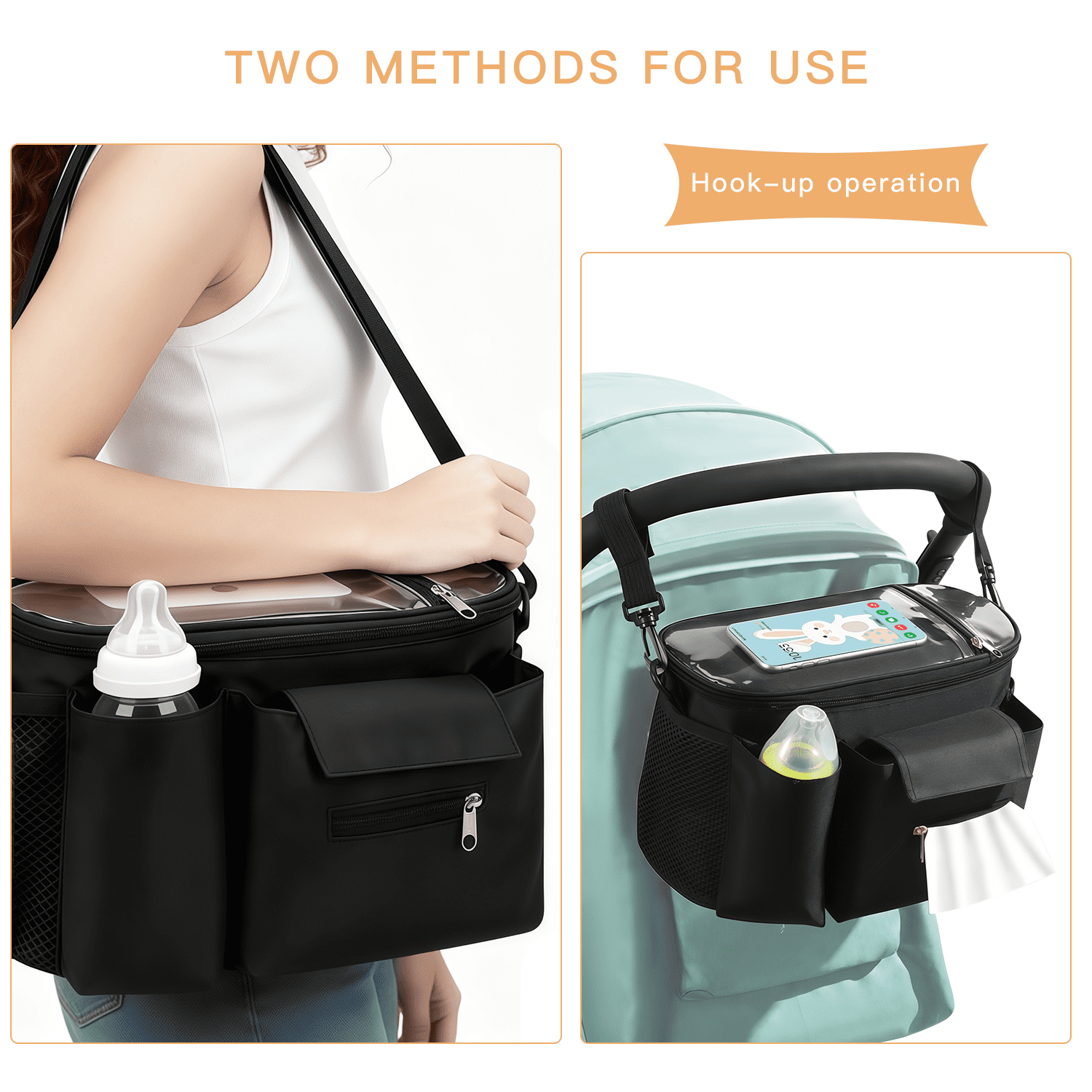 Universal Stroller Organizer Caddy - Large Capacity Waterproof Hanging Bag with Cup Holders, Phone Pocket & Detachable Strap for Strollers & Cribs (Black)
