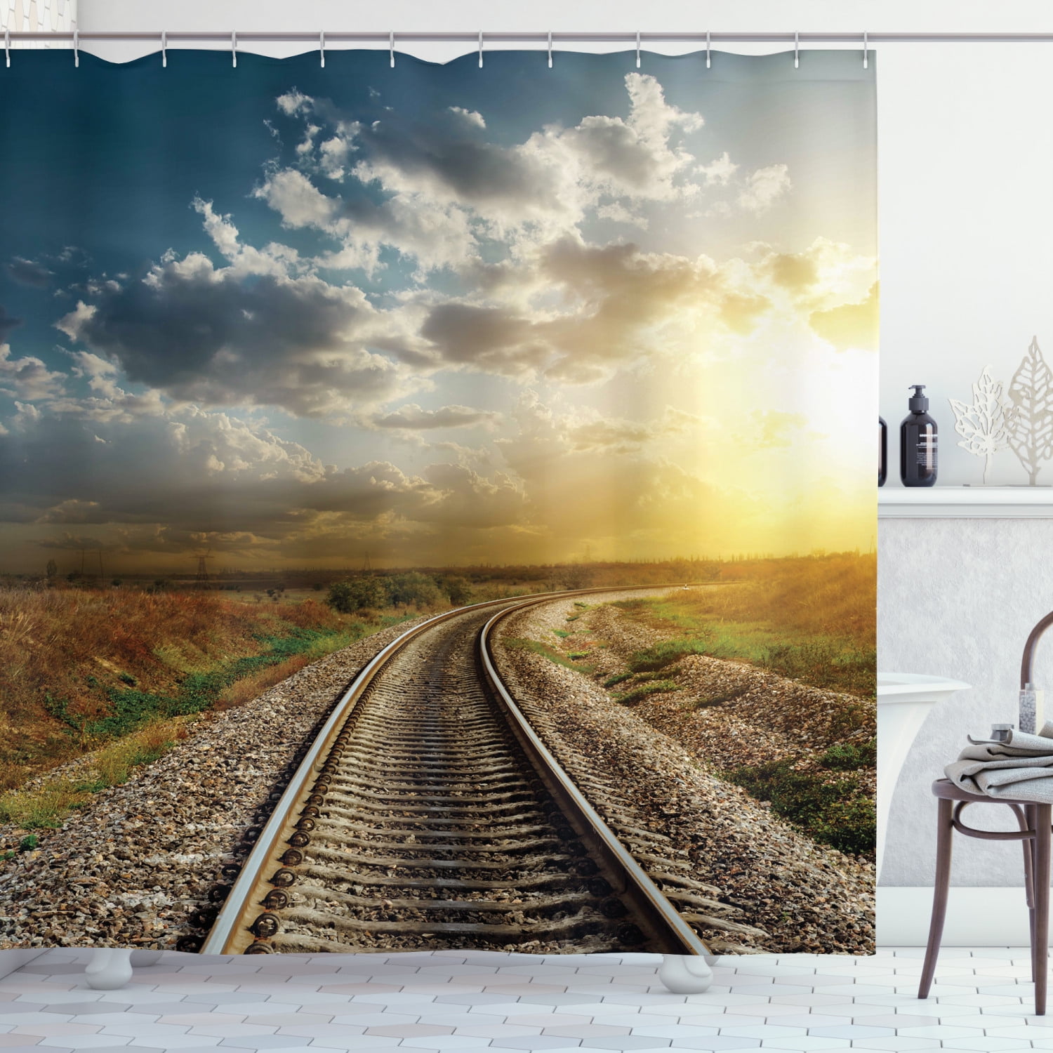 Ambesonne Train Track Shower Curtain, Railroad Goes Horizon, 69"Wx70"L