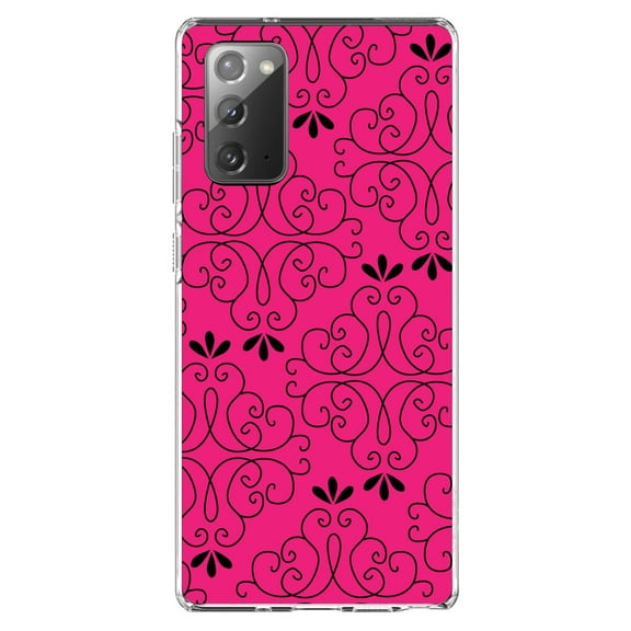 DistinctInk Clear Shockproof Hybrid Case for Samsung Galaxy Note 20 (6.7" Screen) - TPU Bumper, Acrylic Back, Tempered Glass Screen Protector - Neon Pink Black Floral Pattern