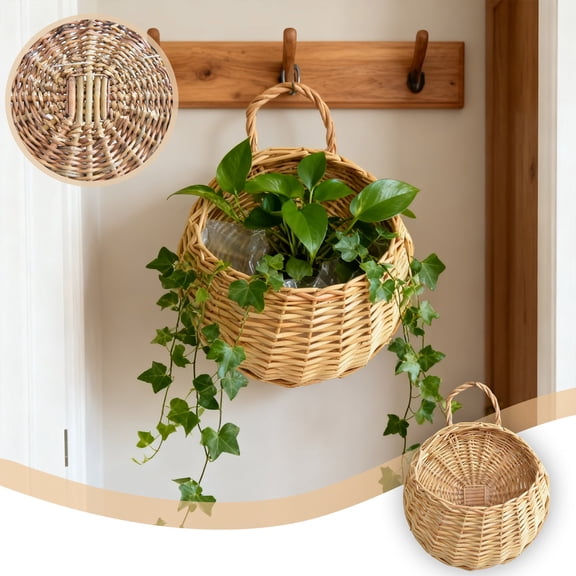 Woven Hanging Basket, Round Wall Mounted Wicker Basket with Handle, Rattan Storage Organizer for Garden Home Decoration, Retro Color Small Basket for Flower Pot or Picnic 7 x 9.4inch