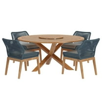Side Dining Chair and Table Set, Blue Natural, Teak Wood, Outdoor Patio Balcony Cafe Bistro Garden Hospitality Restaurant, Modern Contemporary HB34441