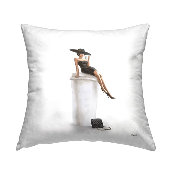 Stupell Industries Glam Fashion Woman Sipping Coffee Chic Dress Design by Ziwei Li Throw Pillow
