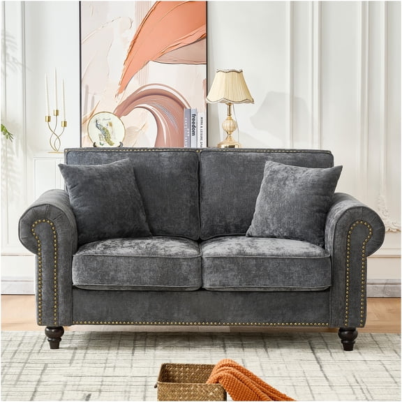 JERFIT Modern Chenille Sofa for Small Spaces, 2-Seater Couch with Rolled Arms and Nailhead Trim, Comfortable Upholstered Loveseat for Apartment Living Room, Gray