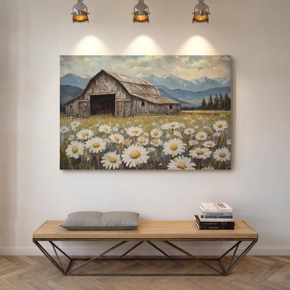 Rustic Barn With Daisies - Countryside Landscape With Wildflowers And Mountains For Farmhouse Home Decor Wall Art, Modern Wall Decor, 8x12 UNFRAMED