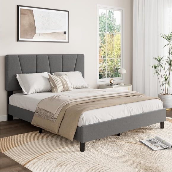 Queen Size Bed Frame with Headboard Adjustable, Linen Upholstered Queen Platform Bed with Headboard, Mattress Foundation with Wooden Slats, No Box Spring Needed, Easy Assembly, Grey