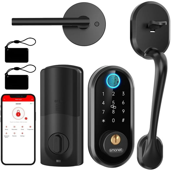 SMONET Keyless Entry Door Lock Handle Smart Front Door Lock Set, Alexa Deadbolt Locks Front Door Handle, Bluetooth Digital Keypad Lock Black