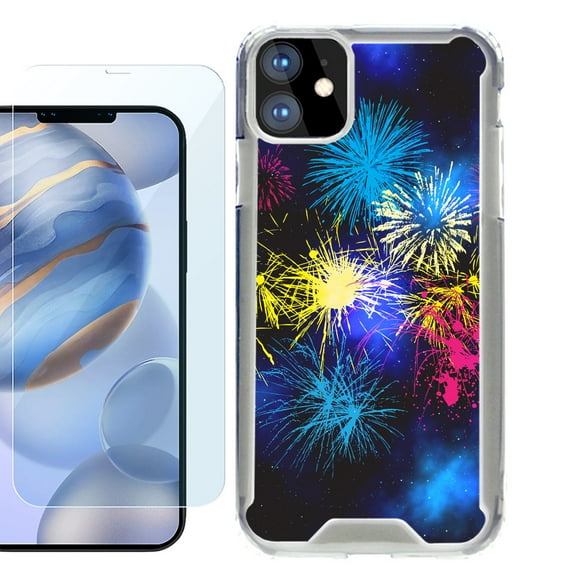 For Apple iPhone 12 Case, iPhone 12 Pro Case, Hybrid Bumper Phone case, with Tempered Glass Screen Protector, by OneToughShield ® - Fireworks