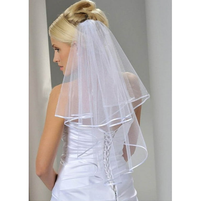 JWICOS Short Wedding Lace Veil - 1 Tier Elbow Length Bridal Tulle Veil For Bride, Hen Party (White)
