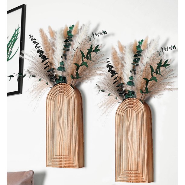 Jarrones de pared de madera QQBABO, set de 2 con pasto de pampas
