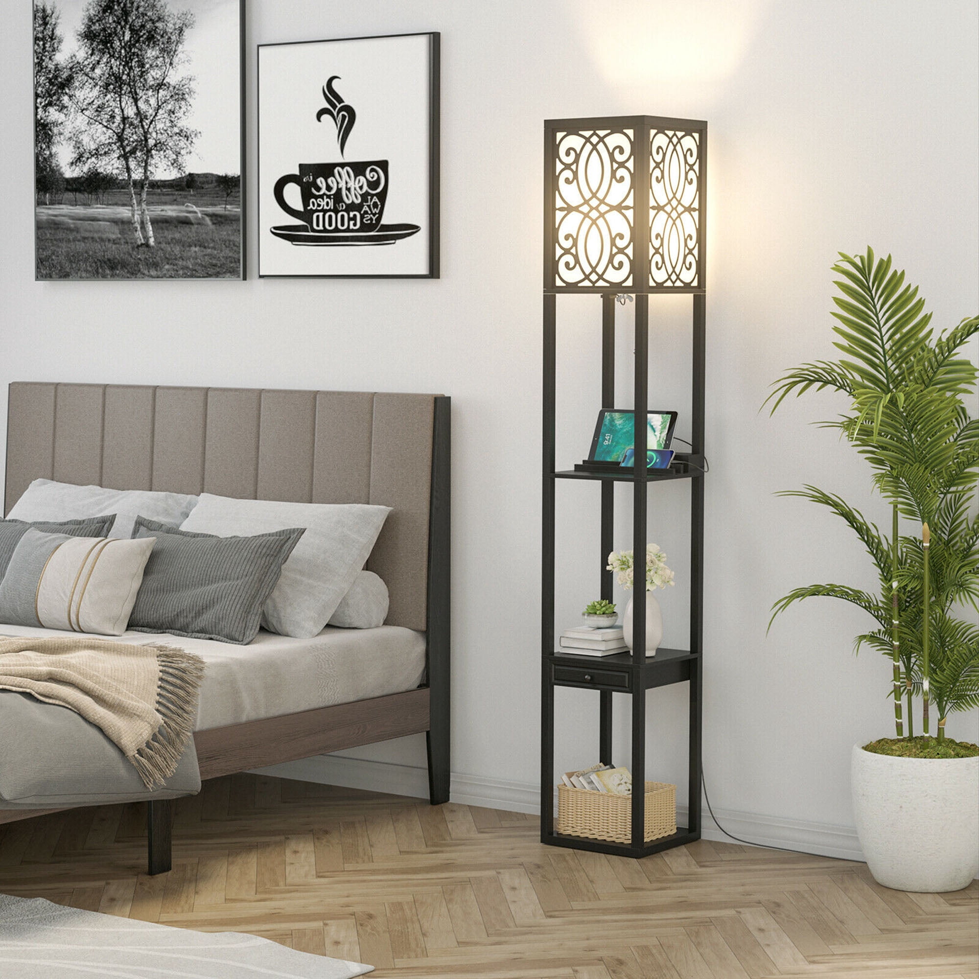 Gymax Modern Standing Shelf Floor Lamp w/ 1 Power Outlet and 2 USB Ports for Living Room