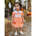 thumbnail image 4 of RUINIXCW Toddler Baby Girl Halloween Dress Outfit Infant Baby Girls Summer Fall Clothes Plaid Gingham Dress Puff Short Sleeve Peter Pan Doll Collar Pumpkin Embroidery A Line Dress, 4 of 9