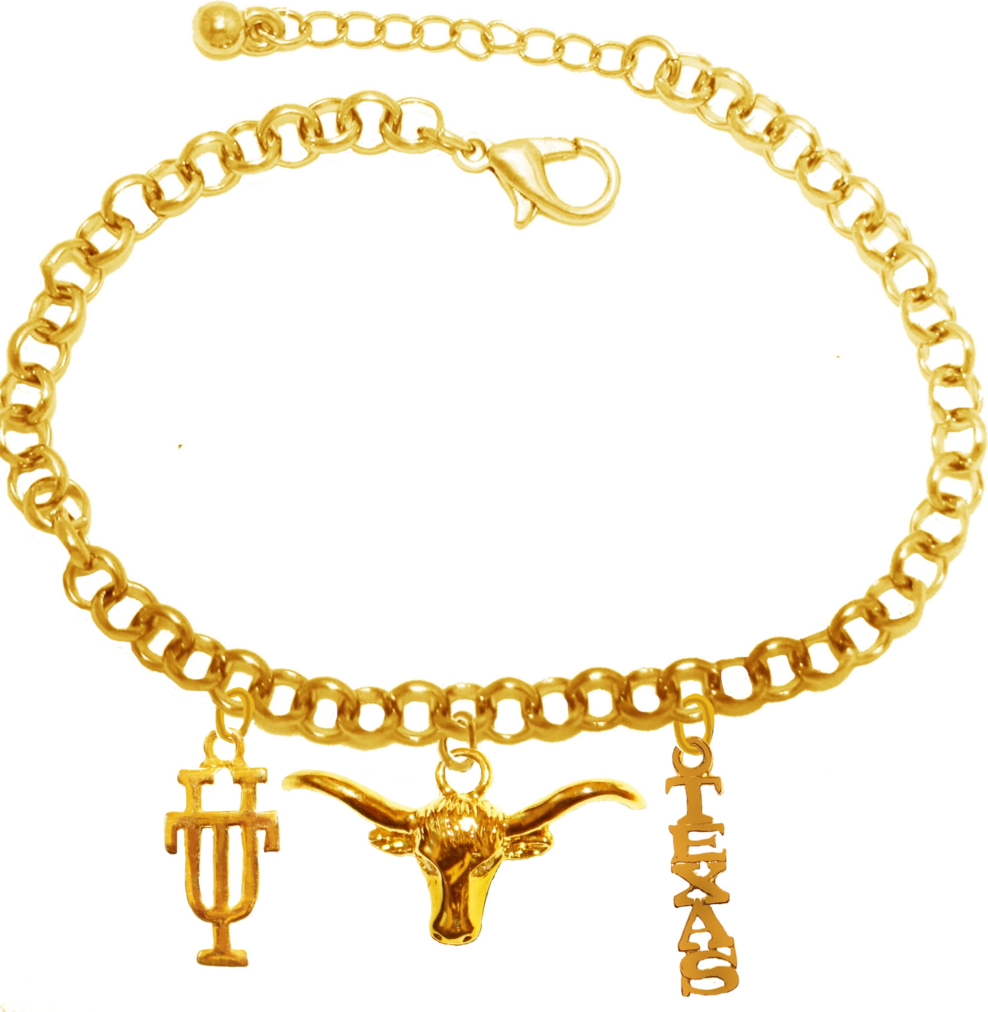 Licensed Texas, University Of Texas 14KT Goldtone Adjustable Bracelet. It Will Fit Everyone. Licensed Hologram ID Enclosed With Shipment. Stamped Marking In Metal On The Backside Of The Charm.©2003