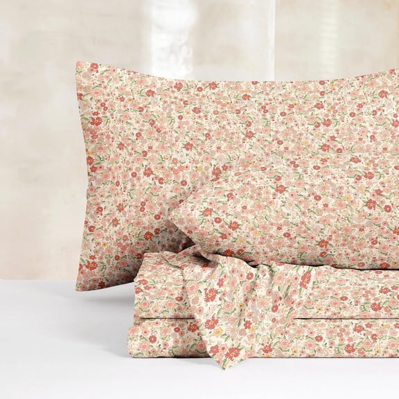 Floral Bed Sheets, 4-Piece Sheet Set, Flower Pattern Printed Bedding, Deep Pocket,Full Size