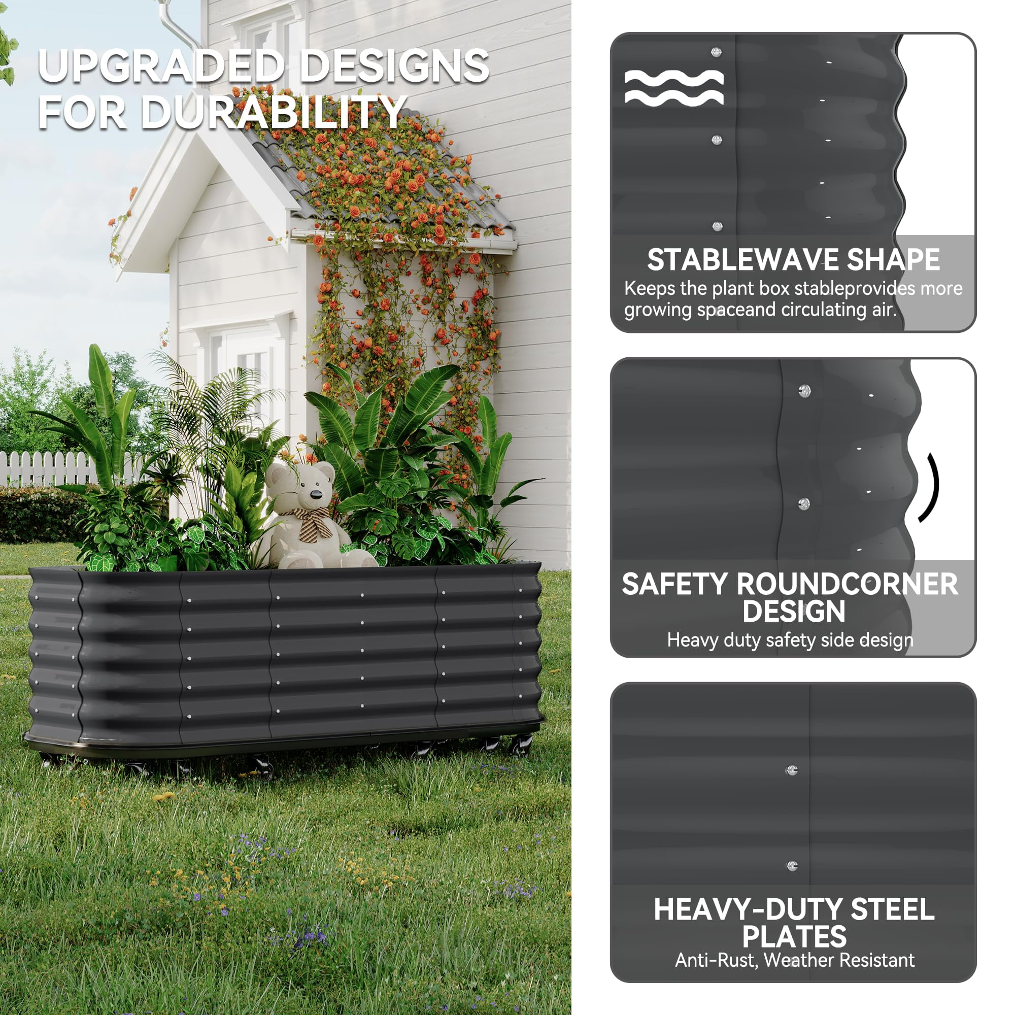 MAROUTE Galvanized Steel Raised Garden Bed – Self-Watering, with Wheels, White, 94.5"x23.6"x19.7"