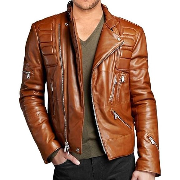 Men's Genuine Lambskin Tan Leather Jacket Motorcycle Biker Jacket A222