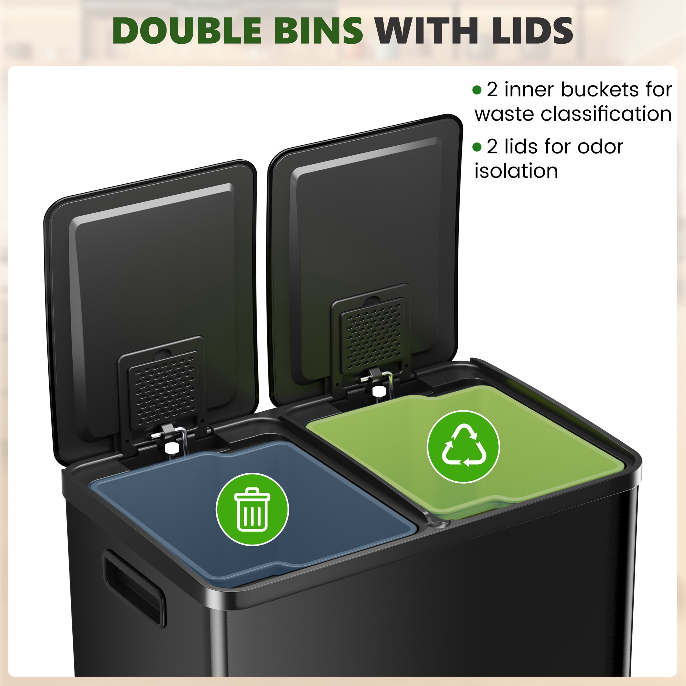GIANNA Kitchen Trash Can with Lid, 2×8 Gallon Stainless Steel Bin, Step Pedals, Fingerprint-Proof, For Bathroom Bedroom Home Office, Dark Gray