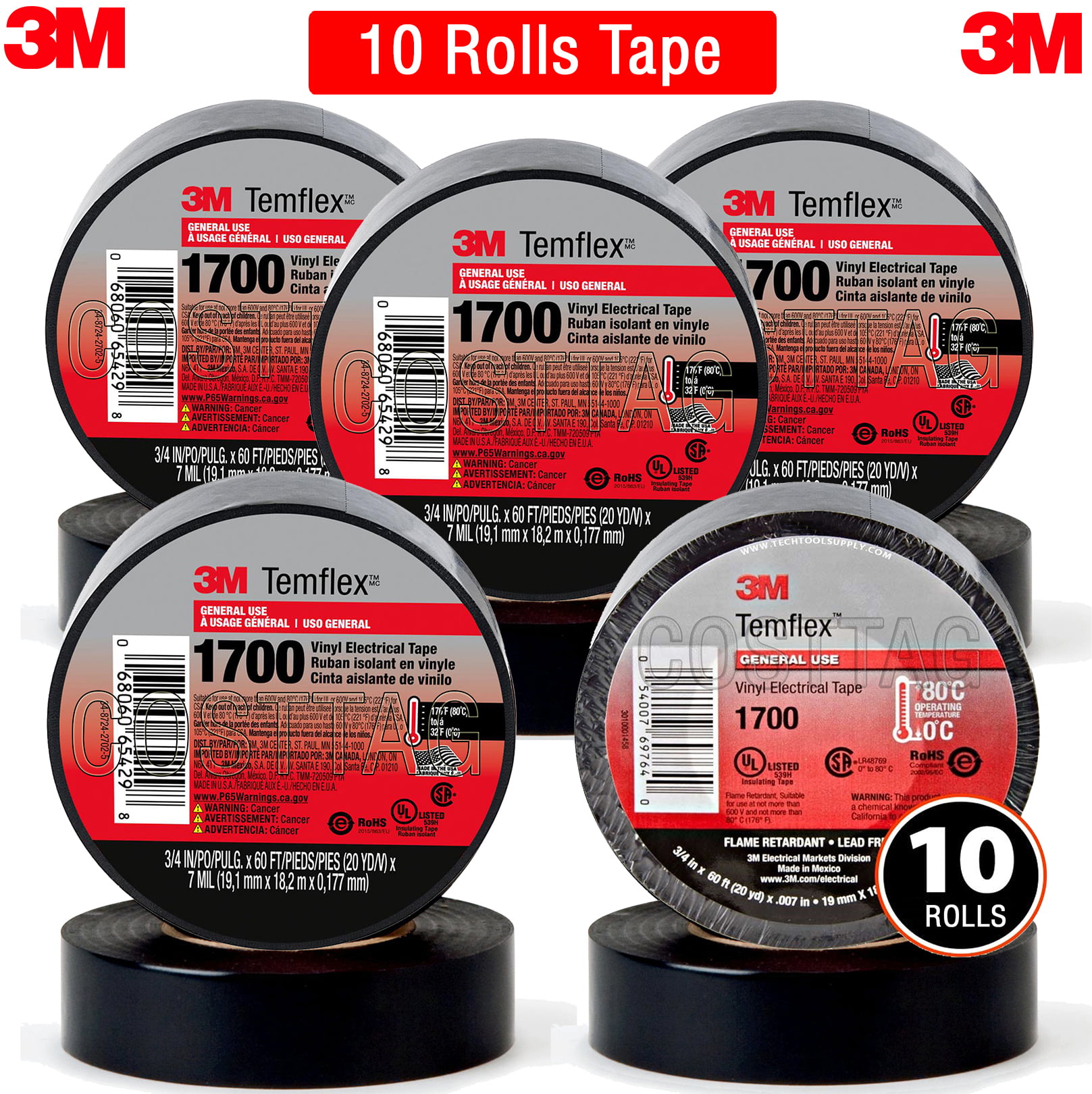 New 3M Temflex 1700 Vinyl Electrical Tape 60' Feet  X 3/4" Black 10 Rolls Pack 