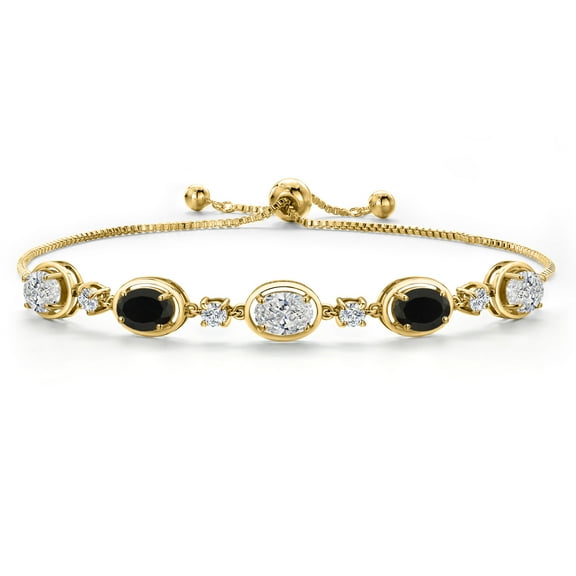 Gem Stone King 18K Yellow Gold Plated Silver White Lab Grown Diamond and Black Onyx Bracelet for Women | 3.50 Cttw | Gemstone April Birthstone | Oval 7X5MM | Fully Adjustable 9 inch
