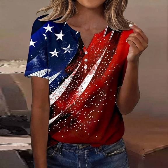 Trendfront Womens 4th of July American Flag T-Shirt Independence Day Casual V-Neck Button Tee Short Sleeve Summer Tops