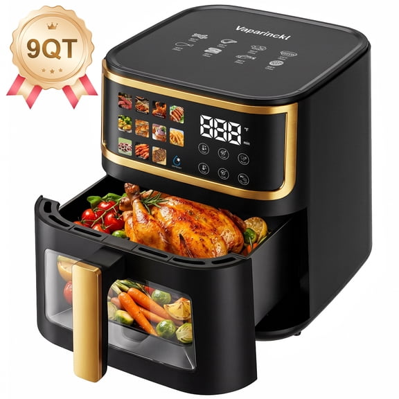 Vaparinckl 9QT Air Fryer, 1700W Multifuntion with 11 Preset Menus, LED Digital Color Screen, Easy-Viewing Window, Max 400°F Fast Heating for Kitchen Home, Family-Size 85% Less Oil, Nonstick, Black