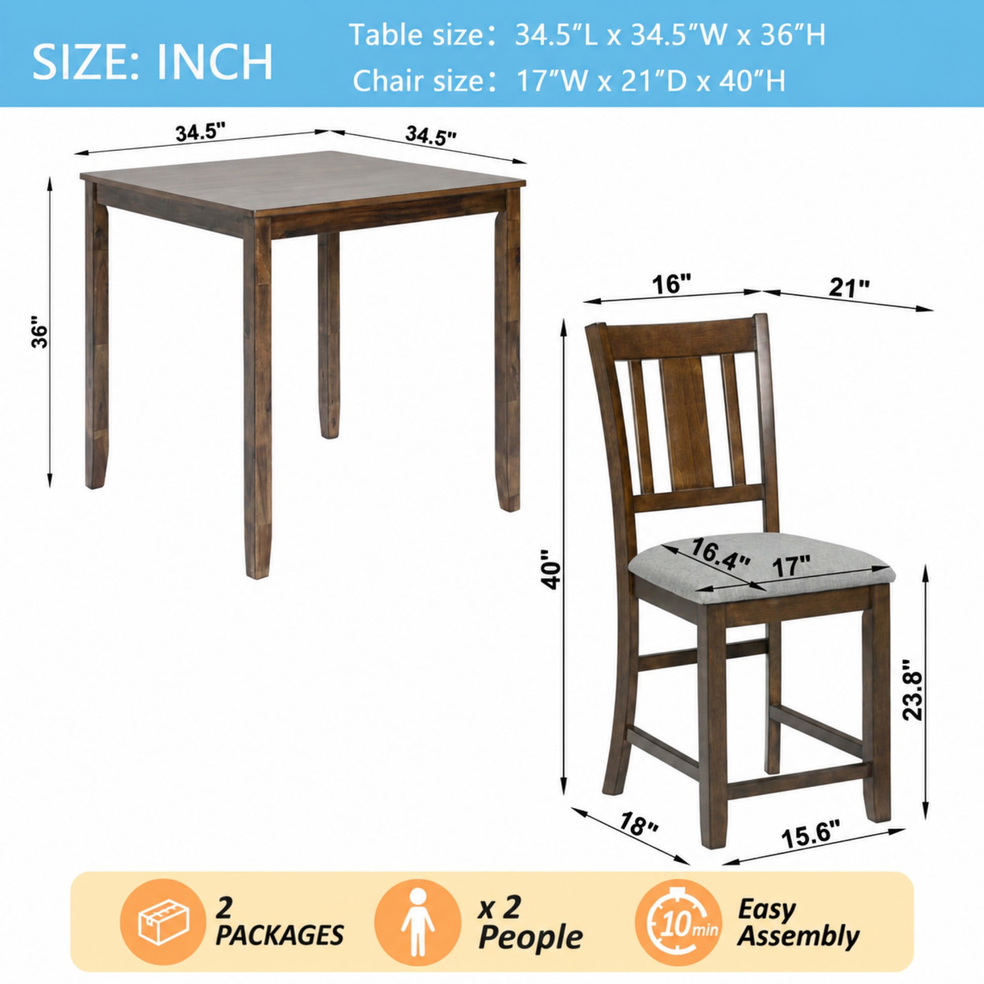 BSHTI 34.5" Acacia Wood 5-Piece Counter Height Dining Table Set with Fabric Upholstered Slatted-Back Chairs for Kitchen（Walnut）