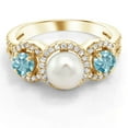thumbnail image 2 of Gem Stone King 18K Yellow Gold Plated Silver Round Blue Zircon and Cultured Freshwater Pearl Ring for Women (1.80 Cttw, Available in Size 5, 6, 7, 8, 9), 2 of 3