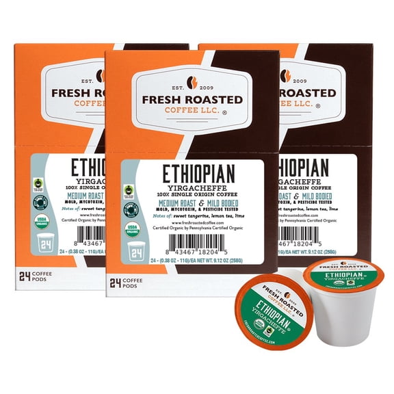Fresh Roasted Coffee, Organic Ethiopian Yirgacheffe Coffee Pods, Medium Roast, K-cup Compatible, 72 Count