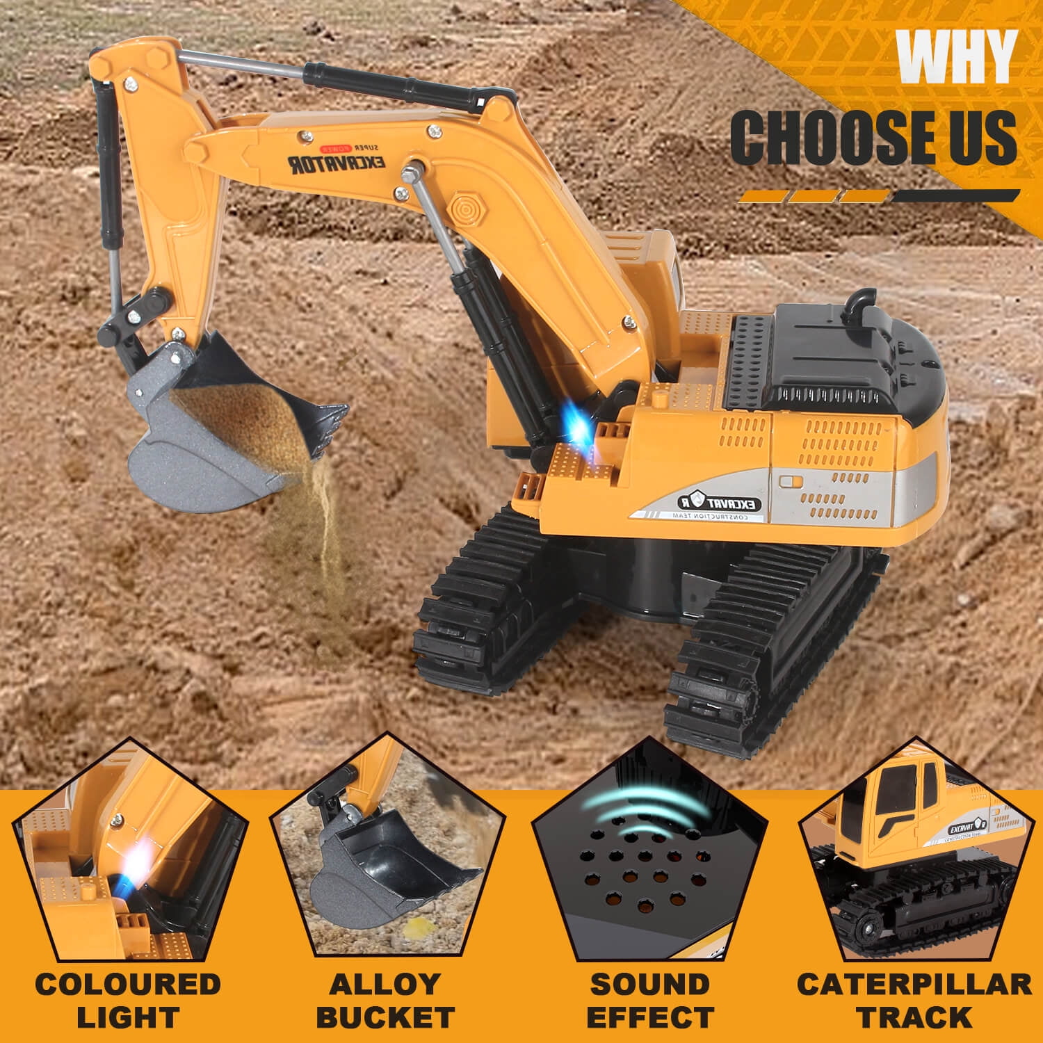 Jiakora Remote Control Excavator Toys for Boys, RC Excavator Toy for Boys 3 4 5 6 7 8 Year Old Kids Christmas Birthday Gift,RC Digger Truck Construction Vehicles with Metal Shovel & Light