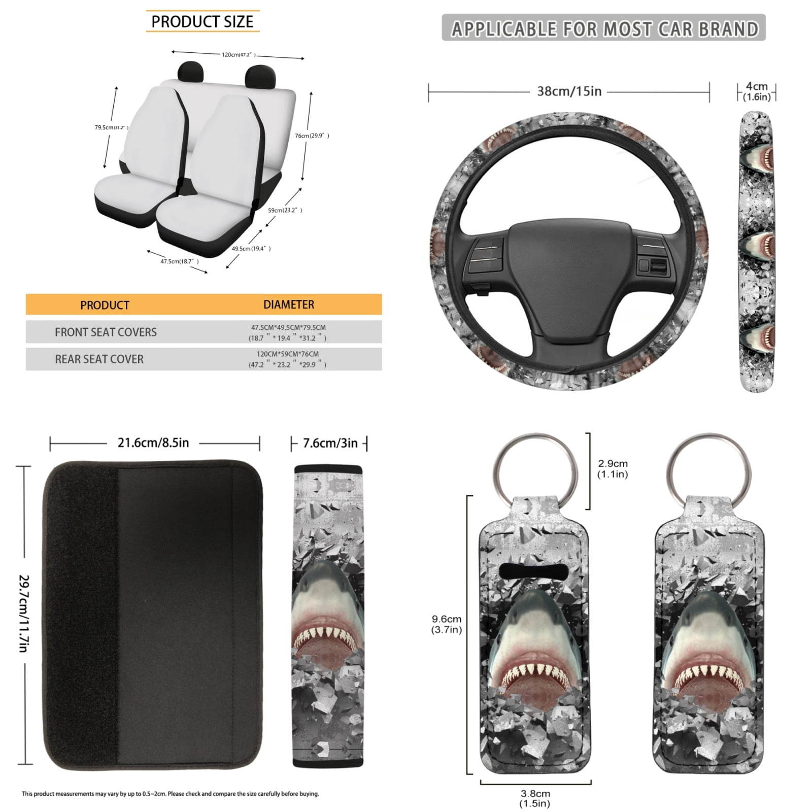 Jeiento 3D Shark Print Car Seat Covers Full Set of 13 Steering Wheel Cover Seat Belt Cover Car Trash Bag Rearview Mirror Cover Keyrings Lipstick Holder Auto Accessory Interior Decor