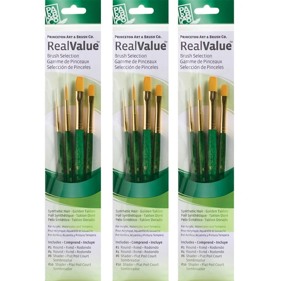 Princeton RealValue Brush Set, Gold Taklon Bristles, Short Handle Mixed Media Paintbrush, Green, 4 Per Set, 3 Sets