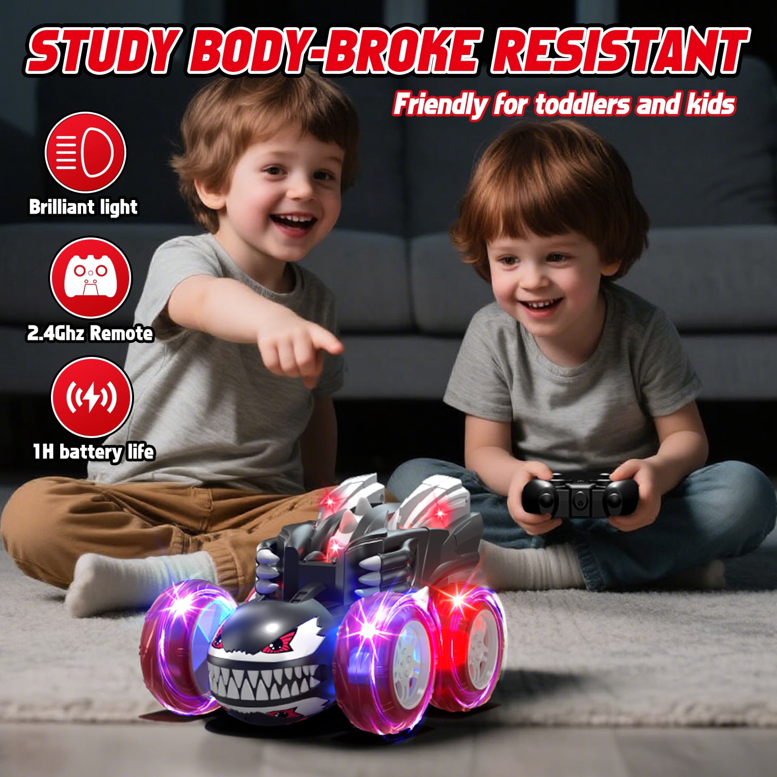 Remote Control Car, RC Cars for Kids 5 6 7 8 9 10 Year Old, 360° Ratation RC Monster Truck Toys with Cool Lights, 2.4Ghz Fast Stunt for Kids Outdoor Toys