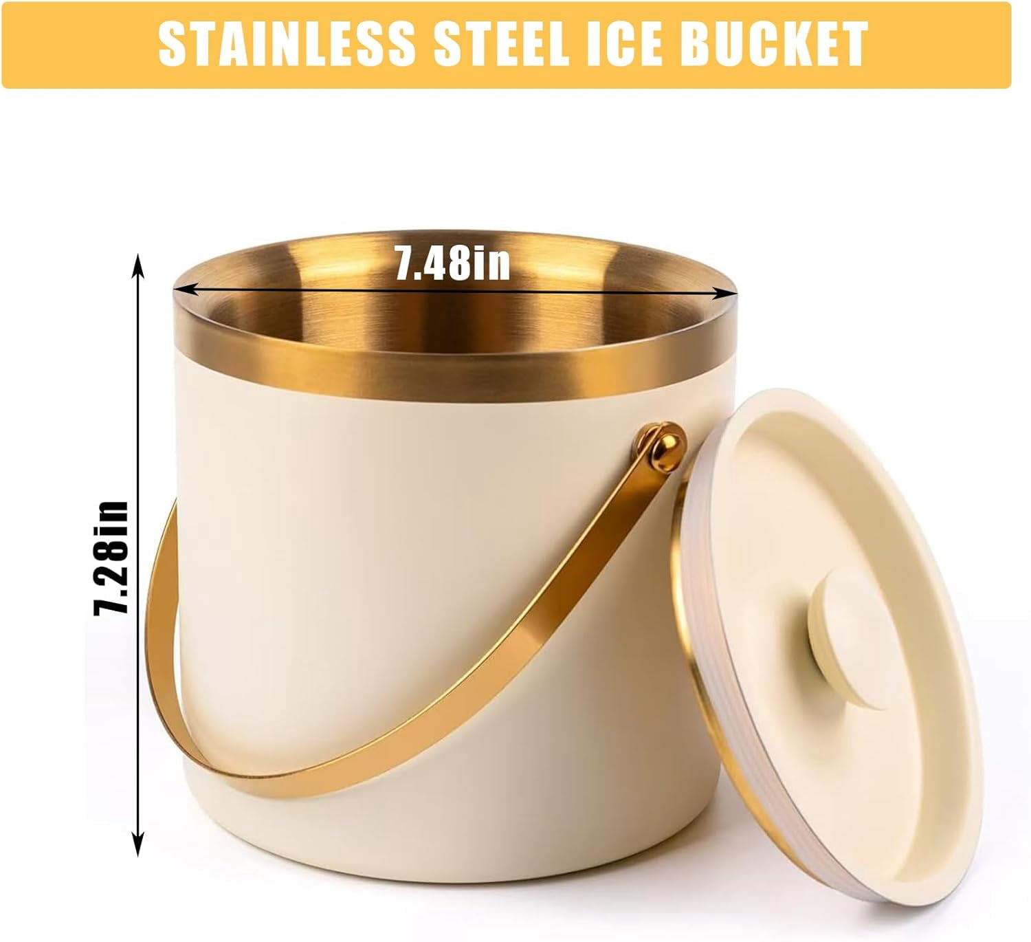 YUSAZENS 3L White Stainless Steel Ice Bucket with Lid, 3-Layer Vacuum Insulated Beverage Cooler, 7.5x7.1in Mirror Finish Ice Tub with Ice Spoon & Drainage for Party Picnic Bar