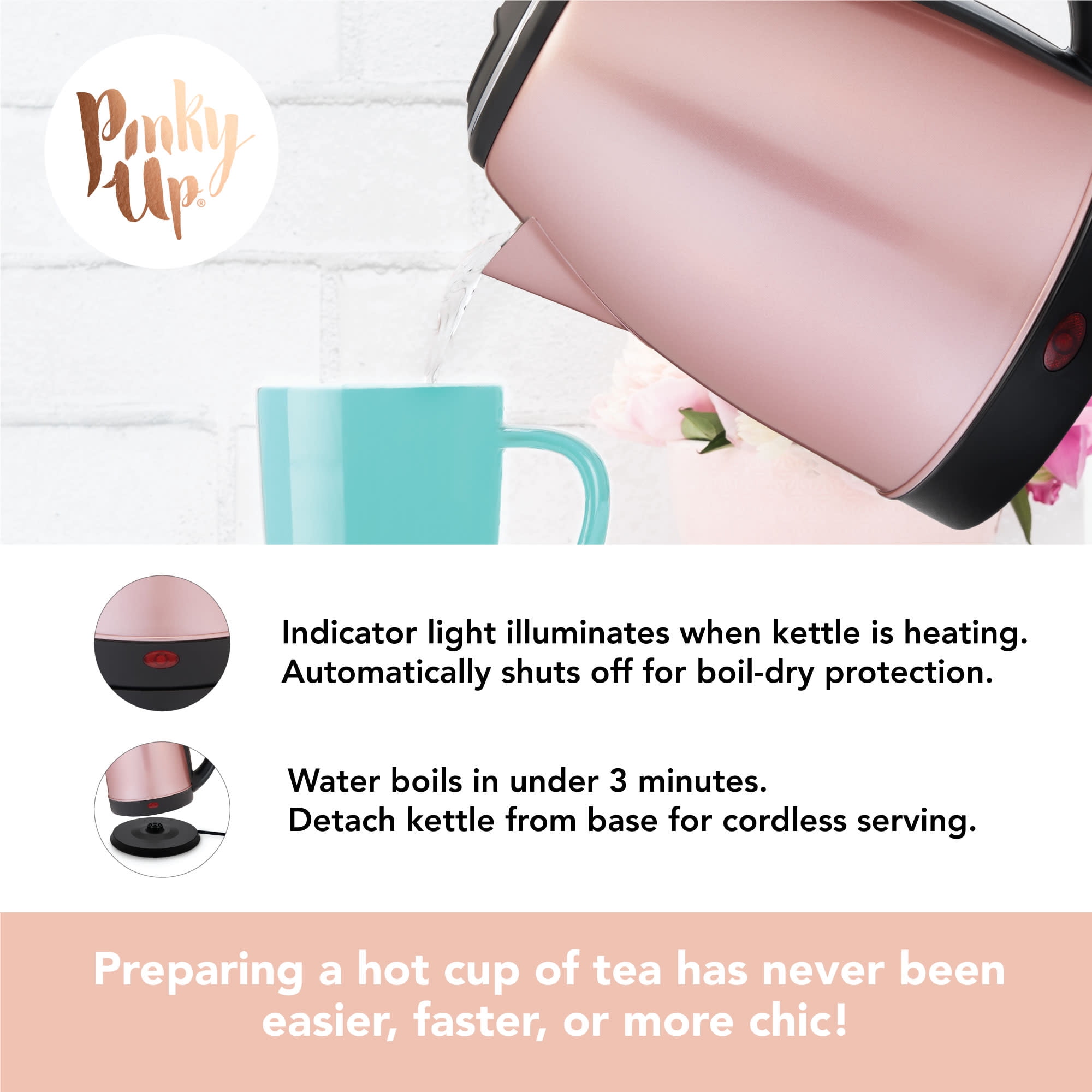 Pinky Up Parker Cordless Electric Kettle for Tea and Coffee, 56oz Rose Gold