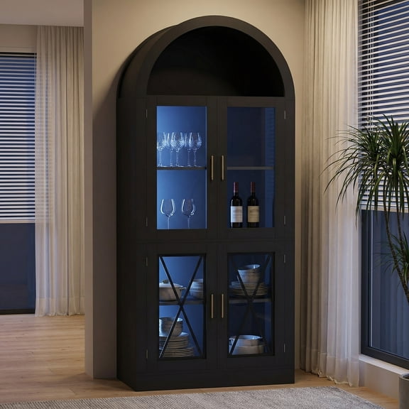 70" Tall Farmhouse Arched Display Cabinet with LED Lighting, Glass Door Storage Cabinet for Living Room or Kitchen Pantry, Black