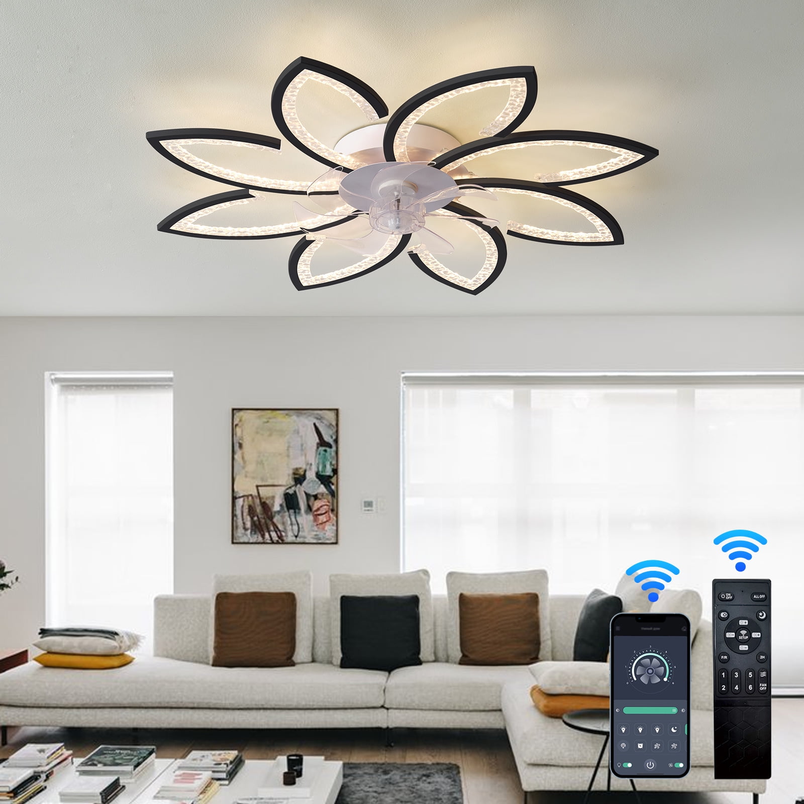 Mintazer 35.4" Modern Ceiling Fan with Remote Control, Modern Dimmable Flower Shaped, 6-Speed Adjustable 3-Color Temperature LED Lights with Fan for Bedrooms & Living Rooms