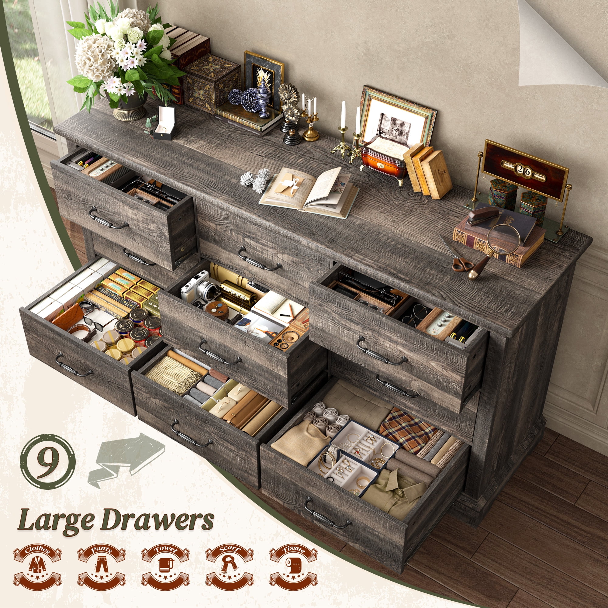 9 Drawers Dresser, 63"L Farmhouse Dressers for Bedroom & Chest of Drawers, Solid Wood TV Stand with Large Metal Handle,Dark Rustic Oak