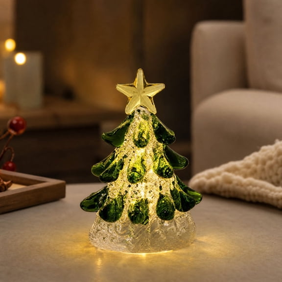 Tabletop Christmas Night Light, Lighted Mini Glass Christmas Tree with Star Topper, Festive Holiday Centerpiece for Home Mantel Shelf Office Desk Party Decoration
