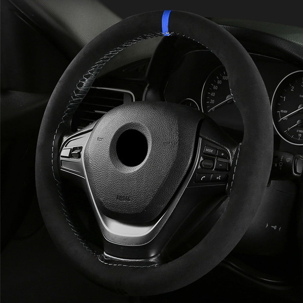 Genuine Leather Black+Blue DIY Car Steering Wheel Cover 38cm W/ Needles Thread