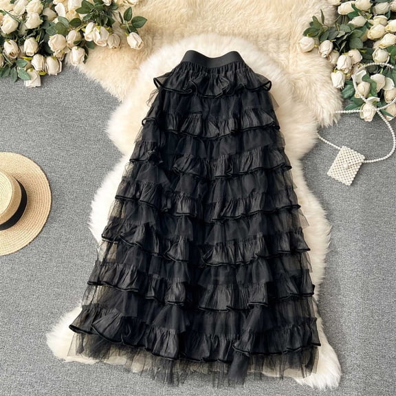 Blmnix Skirts for Women Trendy Tulle Skirt Tiered Lace Skirt Skirts Black Long Skirt Womens Skirts Midi Length,Free Size
