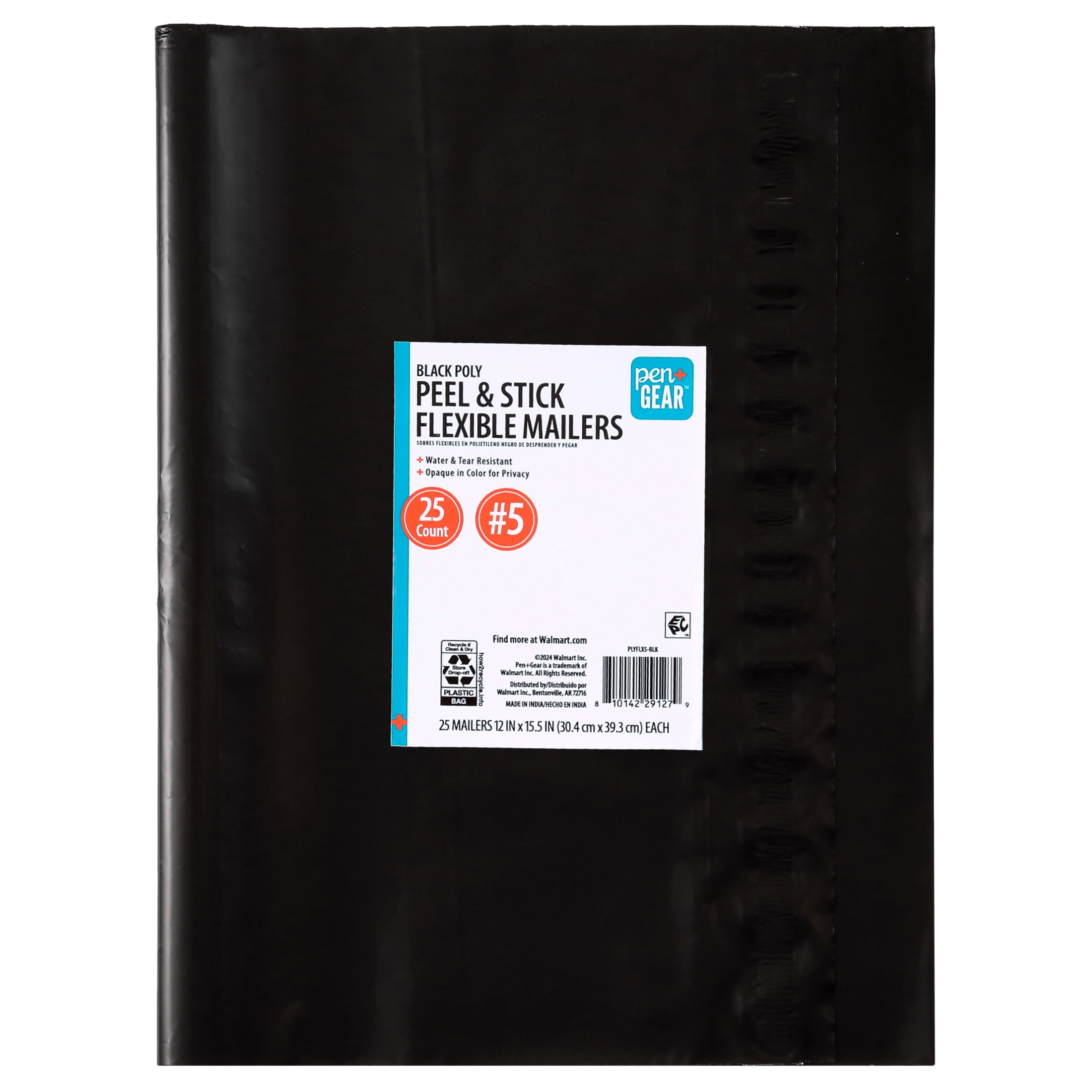 (5 pack) Pen+Gear Self-Seal Poly Flexible Mailers, #5 (12" x&nbsp;15.5"), Black, 25 Count