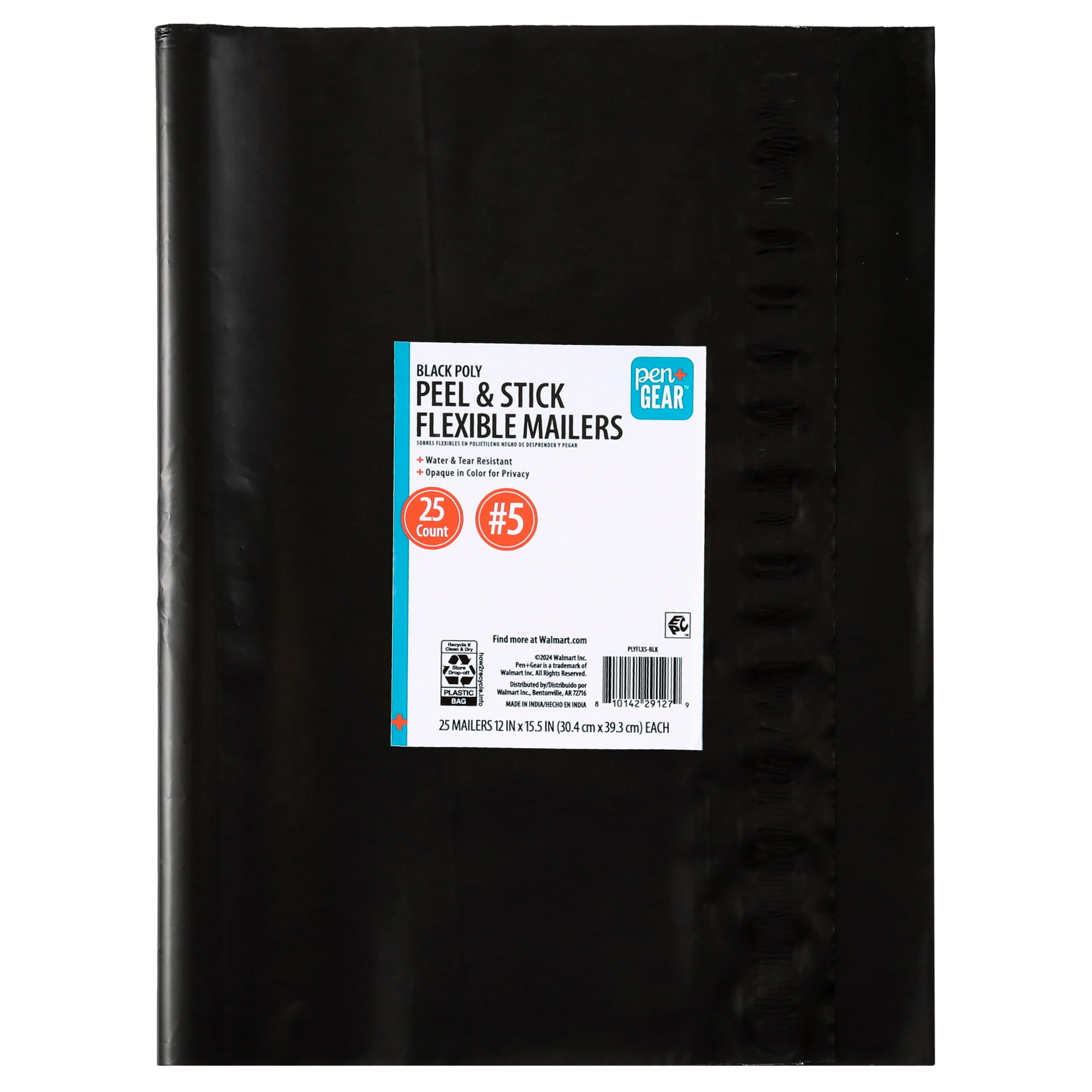 Pen+Gear Self-Seal Poly Flexible Mailers, #5, 12 in x 15.5 in, Black, 25 Count