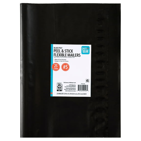 Pen+Gear Self-Seal Poly Flexible Mailers, #5 (12" x 15.5"), Black, 25 Count