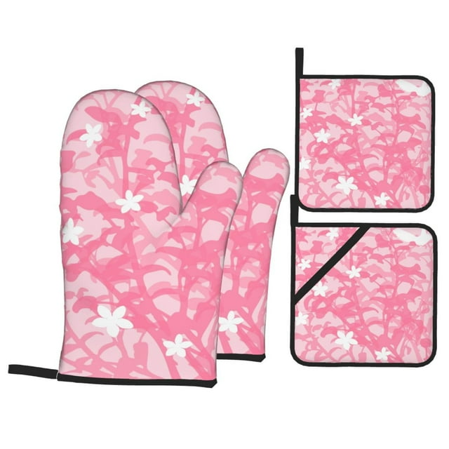YFYANG Ensembles de Mitaines de Four et Porte-Casseroles 4 Pcs, Antidérapant Résistant à la Chaleur Motif Ressort Rose Tapis de Casserole pour Cuisine et Pâtisserie