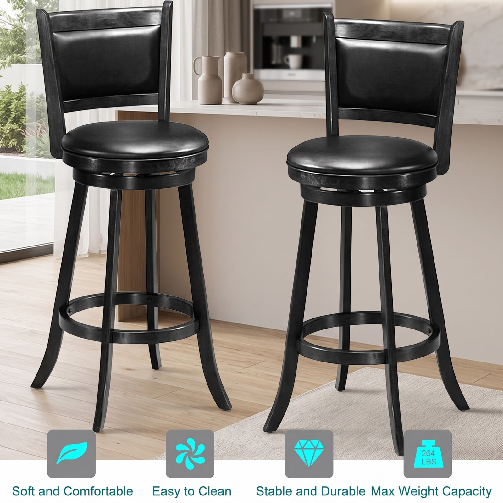Furnibear Set of 2 29 Inch Swivel Bar Stools, Wood Counter Height Barstools with PVC Cushioned Seat and Panel Back for Kitchen Island Dining, Black